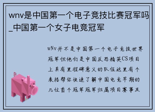 wnv是中国第一个电子竞技比赛冠军吗_中国第一个女子电竞冠军